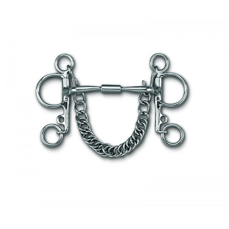 MYLER STAINLESS STEEL PELHAM WITH STAINLESS STEEL COMFORT SNAFFLE WIDE BARREL (MB02) COPPER INLAY MOUTH, 5 INCH