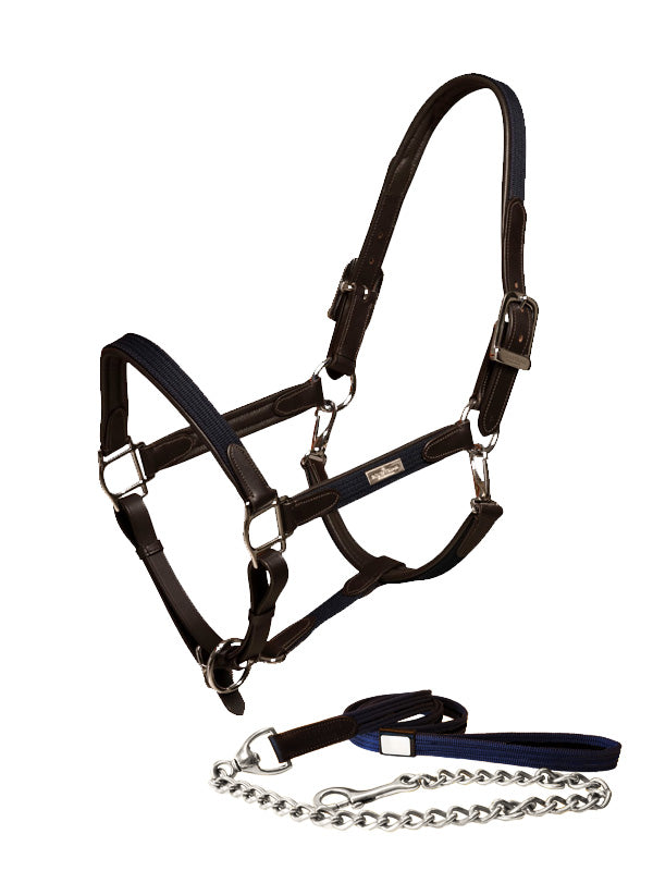 Stockholm licol cuir brun tissu marine